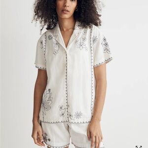 Floral Embroidered White Linen button-up shirt